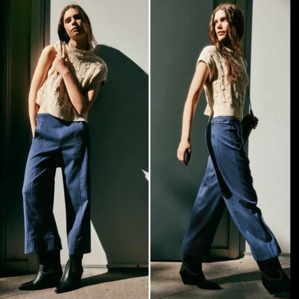 Free People Acadia Blue White Striped Trousers I‎ Cropped Pinstripe Pants | Sz 6
